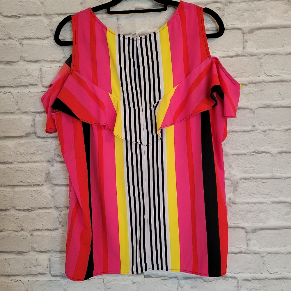 Nygard striped cold shoulder top pink black white yellow size XL